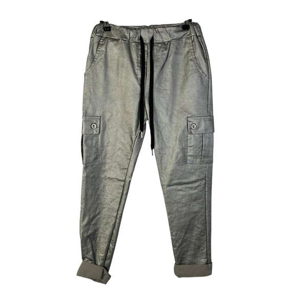 Brand Bazar Silver Shimmer Cargo Straight Leg Pants M - Picture 1 of 4